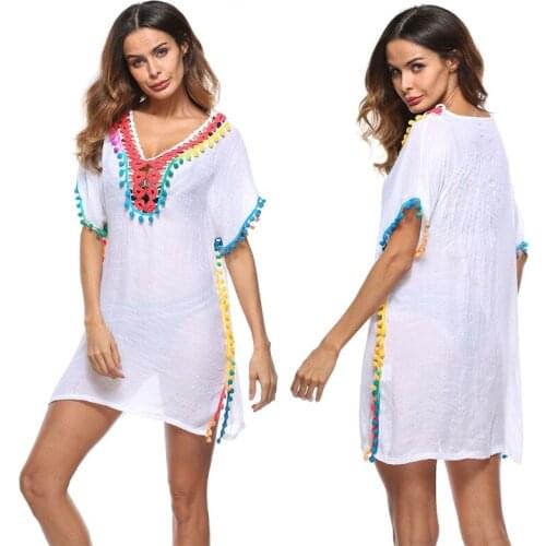 Women Bathing Suit Bikini Cover Up Sexy V-Neck Crochet Pompom Tassel Beach Dress 6XDA