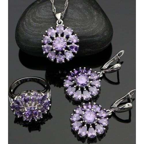 925 Sterling Silver Jewelry Sets Purple Cubic Zirconia Flower Earrings Ring Pendant Necklace Set For Women Accessories