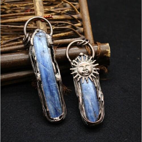 1Pc Natural Kyanite Irregular Stone Slab Pendant Vintage Copper Soldered Sunburst Blue Mineral Ore Energy Healing Stone Charms