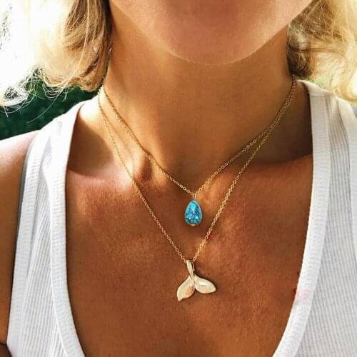 2 Pcs/Set Exquisite Gold Mermaid Fishtail Drop Natural Gem Pendant Double Layer Necklace Women Charm Beach Jewelry Accessories