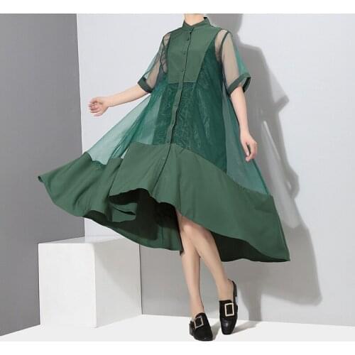 2021 Summer Fashion Temperament Thin Short Sleeve Casual Dresses Organza Voile Irregular Women Loose Plus Size Dresses LJ3069