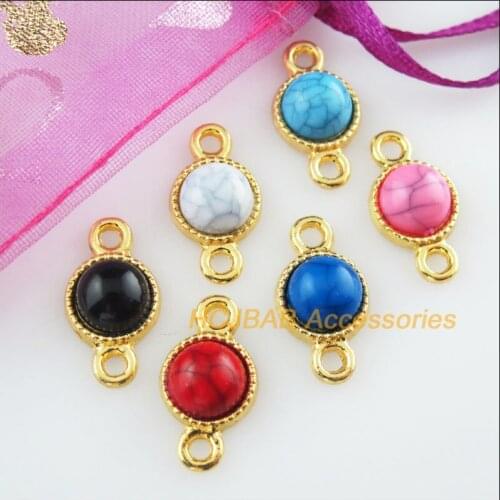 24 New Round Mixed Charms Connectors Stone Gold Color Pendants 10x18.5mm