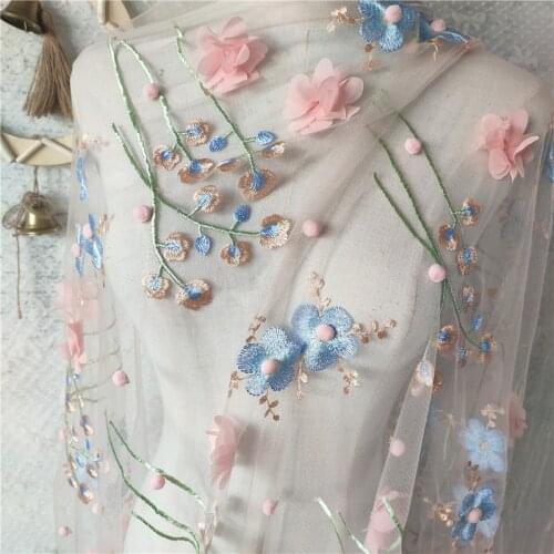 5 Yards 3D Pink Rosette Flower Lace Fabric, Bridal Gown Prom Dress DIY Craft Supply 130cm Wide