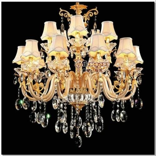 European Golden Crystal Chandelier with 6 Glass Arms Cristal Lustres for living room with Fabric Lampshades MD88006