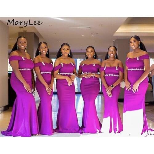 Purple Bridesmaid Dresses Mermaid Floor Length Sweep Train Shining Crystal Beading Satin Pleated Wedding Party Bridemaid Dresses