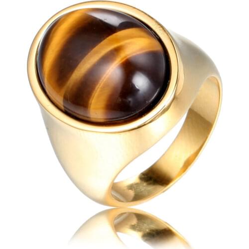 Fashion Big Tiger Eye Stone Rings For Man Gold Color Stainless Steel Mujer Anillos Wedding Bands Party Jewelry