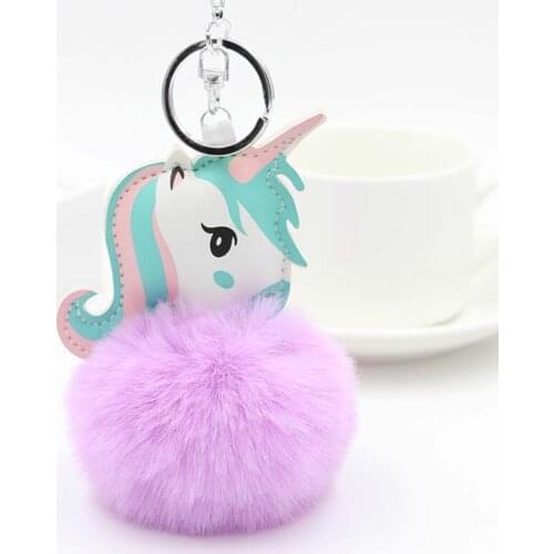 Cute Girls Fluffy Fur Pompon Unicorn Keychain Rabbit Fur Ball Pom Pom Horse Key Chains On Bag Car Trinket Jewelry Weddig Gift