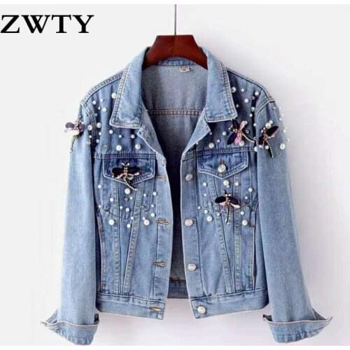 ZWTY Autumn Denim Jacket Coat Women Beading Loose Overcoat Jeans Jacket Basic Coats Streetwear Long Sleeve Casual Outerwear