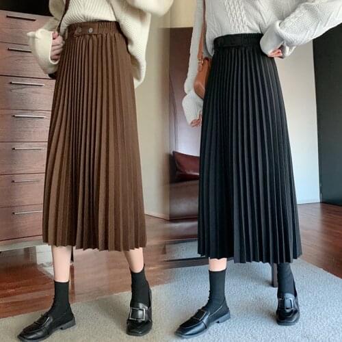 2021 woolen pleated skirt for girls vintage A-line high waist maxi long skirt female warm womens thick wool trumpet brown black