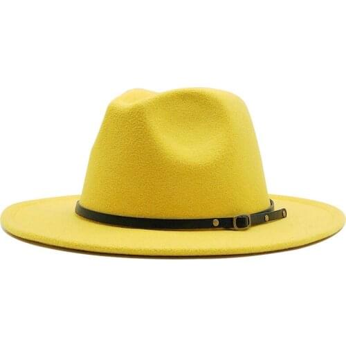 Fashion Men Women Wide Brim Wool Felt Hat Formal Party Jazz Trilby Fedora Hat with Belt Buckle Yellow Orange Yellow Panama Cap