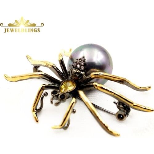 Vintage Yellow CZ Head Imitated Black Pearl Spider Brooch Gold Tone Eight Legs Dangerous Halloween Spider Pins Witch Jewelry
