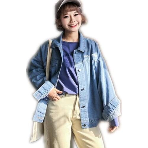 2018 New Fashion Printed Letter Women Spring Autumn Denim Jacket Long Sleeve Wide-Waisted Loose Denim Coat Streetwear JacketQ047