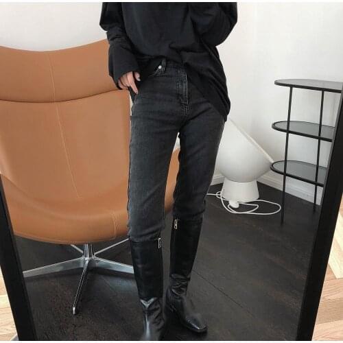 Woman cotton straight black warm jeans