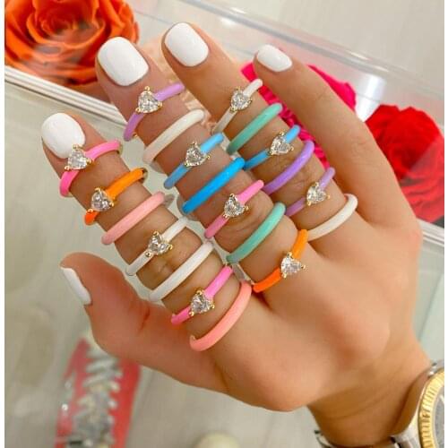Neon Enamel Colorful Summer Hot Selling Finger Jewelry Simple Single Heart CZ Women Rings