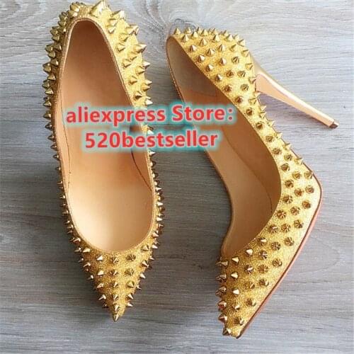 Women lady Fashion bridal wedding Shoes Studded Rivet Spikes gold bling Glitter Poined Toes high heels shoes 12cm 10cm pumps