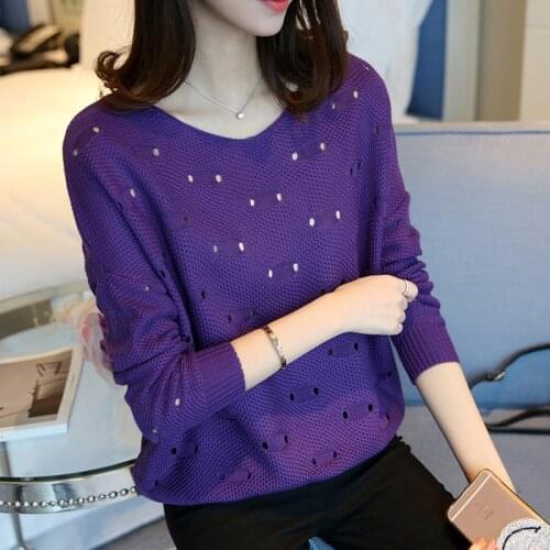 2020 New Summer Autumn Women Clothing Korean Casual Loose Women Pullovers Hollow Out V-Neck Batwing Long Sleeve Pullover Sweater