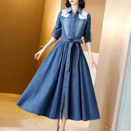 Summer Flower Embroidery Blue Womens Denim Shirt Dresses Lace-Up High Waist Single-Breasted Slim Dresses Elegant Lady Clothing
