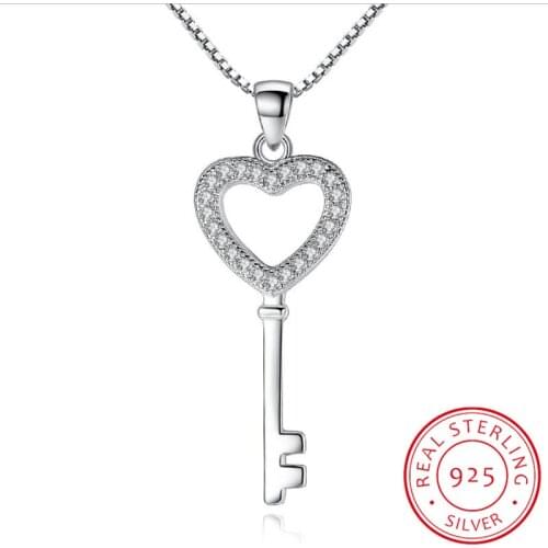 925 Sterling Silver Jewelry CZ Zirconia Crystal Love Heart Key Pendant Necklace For Women Gift 45cm Chain collares S-N74