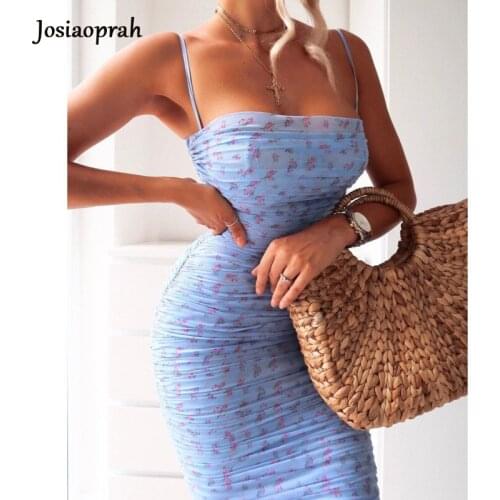 Josiaoprah Spaghetti Strap Ruched Mesh Dress Women Sleeveless Floral Spring Summer Dress Bodycon Knee-length Elegant Dress