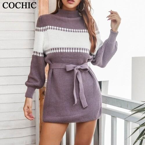 Women Turtleneck Knitted Dress Autumn Winter Long Sleeve Casual Mini Sweater Dress Contrast Color Sashes Woman Sweater Dress