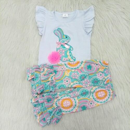 Fashion rabbit outfits baby girls summer cute t shirt+ethnic pants 2 pcs sets girl embroidery craft outfit