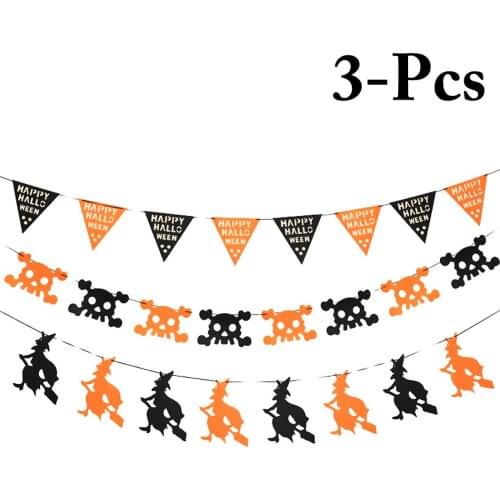 3PCS Halloween Banner Decorative Witch Skeleton Head Letter Pattern Hanging Banner Garland Bunting