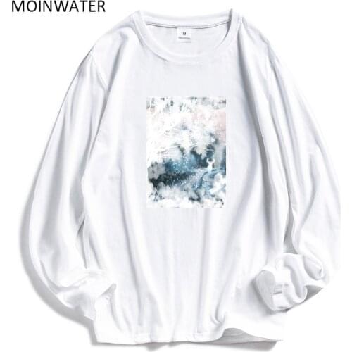 MOINWATER Women Fashion Pattern Long Sleeve T shirts Lady White Cotton Tops Female Tees Lady Black T-shirt MLT2009