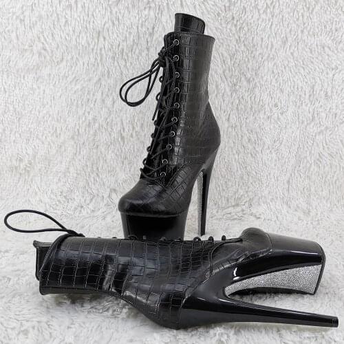 Leecabe 17CM/7inches ankle boots pu upper black with silver sole platform high heel Pole Dance boot