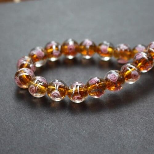 20Pieces/Lot 10mm Lampwork Glass Beads Flower With Silver Color Foil Brown Color for jewelry making