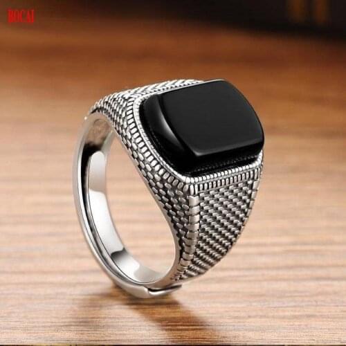 Real S925 Silver Adjustable Size Personality Domineering Natural Black Agate Index Finger Ring