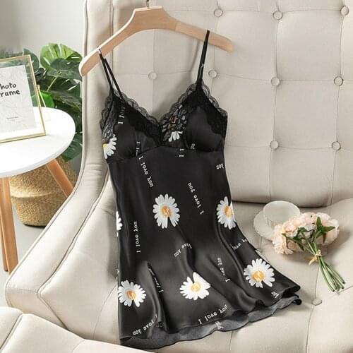 Lace Female Satin Nightgown Lady Sexy Spaghetti Strap 2021 Summer New Night Dress Women Nighties Sleeveless Sleepwear