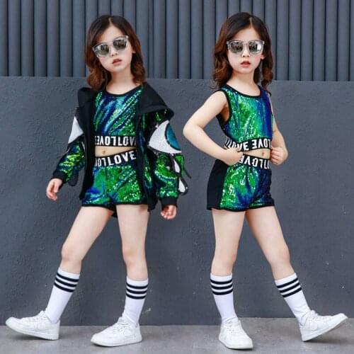 Fashion Green Girls Sequin Costumes 3-16 Years Kids Baby Girl Clothes Set Children Hooded Hip Hop Stage Dance Wear Outfits