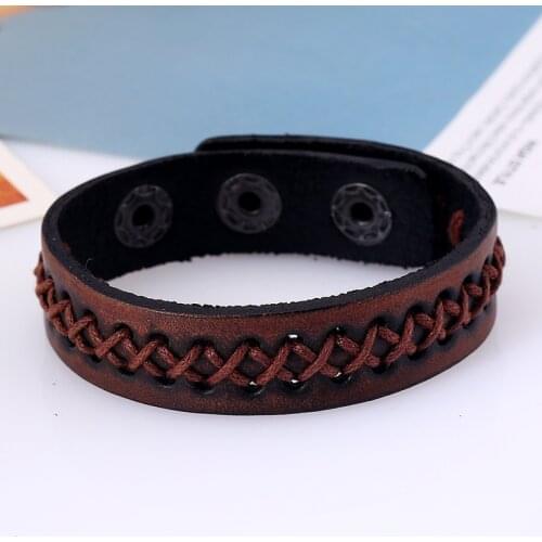 Hand Woven Snap Button Rope Bracelet Genuine Leather Adjustable Size Casual Wristband Belt Wrap Bangles Male Jewelry Accessories