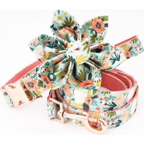 Girl dog collar dog flower and leash set for pet dog cat with rose gold metal buckle