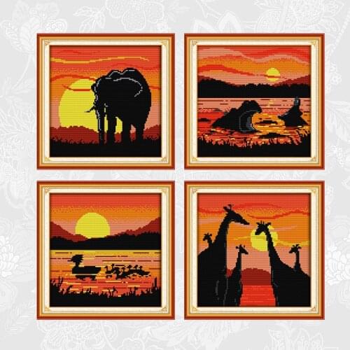 Animals in the sunset Patterns Series Cross Stitch Kits 11CT Printed Cloth 14CT Counted Canvas Cross-stitch Embroidery Crafts