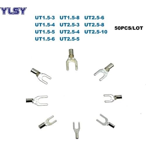 50Pcs Non-insulated Spade Terminal Electric Fork Naked Crimp Terminales UT1.5/2.5 Wire Cable Connector 16/14AWG 1.5/2.5mm2