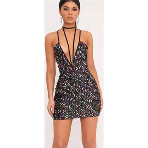 New Design Summer Women Sequined Dress Brilliant Spaghetti Strap Halter Dress Deep V-Neck Mini Bodycon club Party Vestidos