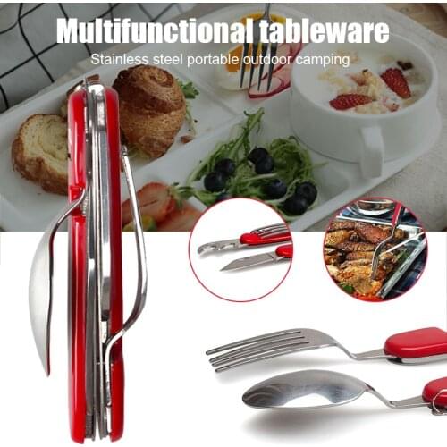 Portable 6 in 1 Folding Camping Tableware Stainless Steel Spoon Fork Bottle Opener Travel Tableware N66