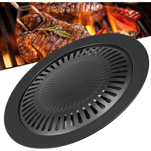 Non-stick Metal BBQ Grill Plate Pan Korean Meat Roast BBQ Grilling Pan Round 32cm Kitchen Picnic Cooking Tools