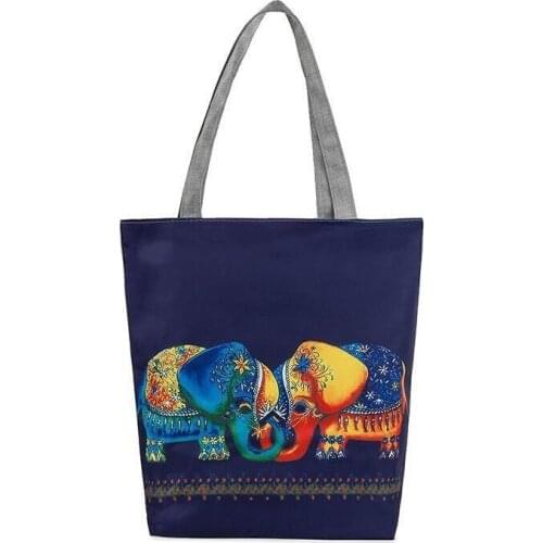 Miyahouse Durable Shoulder Bag Shopping Tote Canvas Handbag Women Shopping Bag Cartoon Elephant Printed Travel Beach Bag