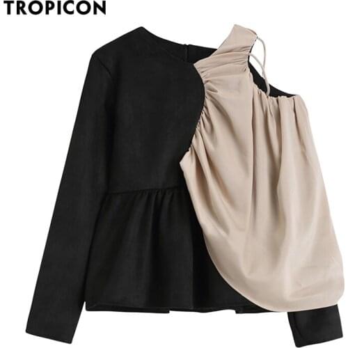 TROPICON Designer Blouse Off The Shoulder Top Long Sleeve Patchwork Black Peplum Top Women 2021 Fashion New Blouses Spring Tops