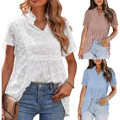 2021 Summer Womens Shirt Fashion Jacquard Wool Ball Lace Chiffon Shirt Short Sleeve Tops Casual Loose Solid Color T Shirt