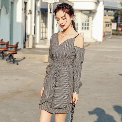 Korean Style Off Shoulder Woman Dress 2020 Spring Summer V-neck Asymmetrical Houndstooth A Line Dress Ladies Casual Runway Dress