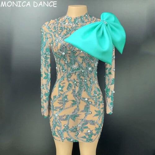 Women Sexy Stage Blue Pattern Rhinestones Pearl Bow Transparent Short Dress Birthday Celebrate Outfit Prom Women Dancer Dress