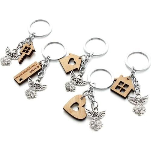 10PCS/Lot Heart Angel-Baptism Favors Key Chain Wood Keychain Housewarming Gift New Home Key Ring First House Warming Favor