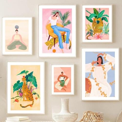Abstract Girl Yoga Leopard Flower Leaf Plant Wall Art Print Canvas Painting Nordic Poster Boho Decor Pictures For Living Room