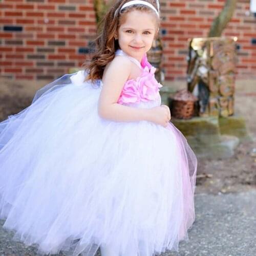 Girls White Pink Flower Tutu Dress Kids Lace Tulle Dress Ball Gown with Feather Hairbow Children Birthday Party Costume Dresses