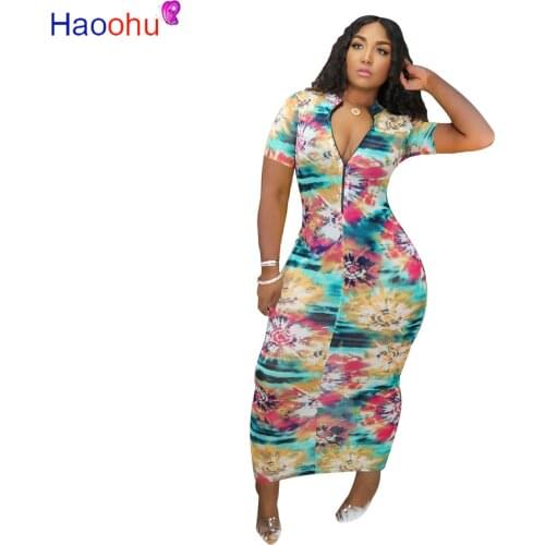 HAOOHU 2020 Women Summer Fashion Dress Long Maxi Dress Tie-dye Print Street Sexy Bandage Beach Night Club Party Dresses Vestido