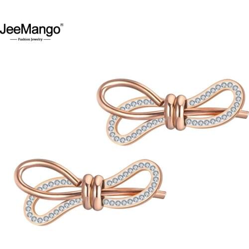 JeeMango Trendy Stainless Steel Geometric Bowknot Earrings Jewelry Rose Gold Clay Rhinestone Party Earrings For Women JE19122