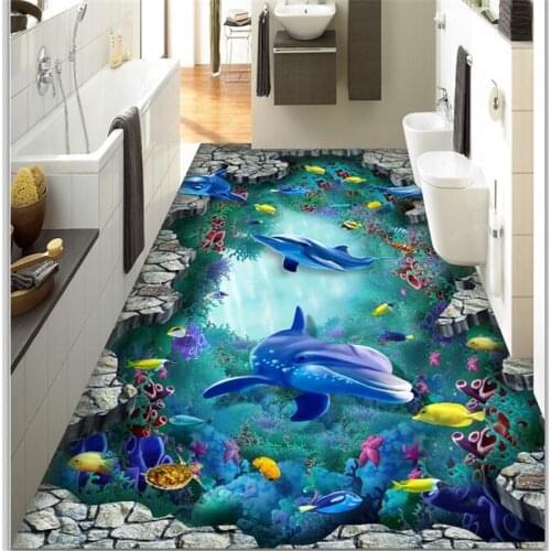 Wellyu Custom flooring painting 3d underwater world dolphin turtle 3D stereo painting living room shopping hotel floor painting